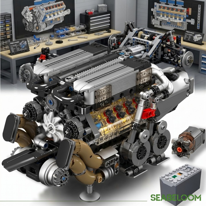 Set constructie motor W16, Seabeloom®, set de constructie car engine, 952 piese, inclusiv motor si acumulator, Technic model STEM educational, compatibile cu lego, Pentru Copii si Adulti