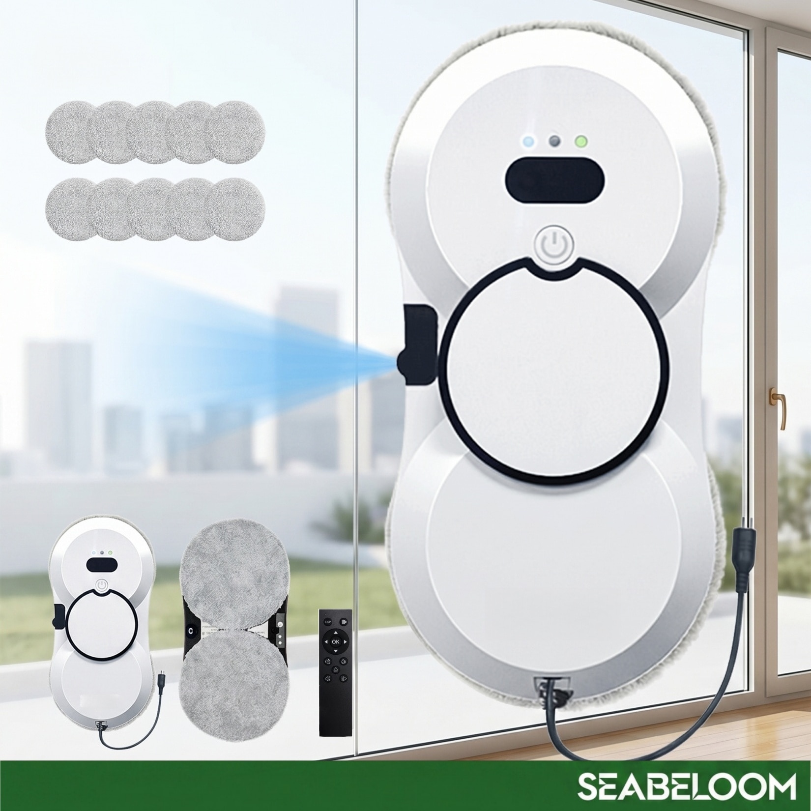 Robot curatare geamuri, Seabeloom®, Telecomanda, sistem UPS, Aspirare Puternica 5600Pa, Curatare automata a ferestrelor, Set cu 10 lavete Microfibra, alb