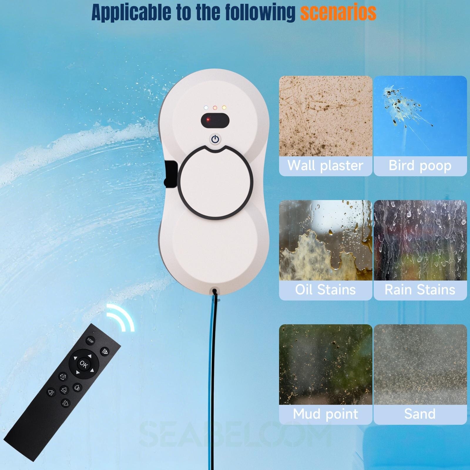 Robot curatare geamuri, Seabeloom®, Telecomanda, sistem UPS, Aspirare Puternica 5600Pa, Curatare automata a ferestrelor, Set cu 10 lavete Microfibra, alb