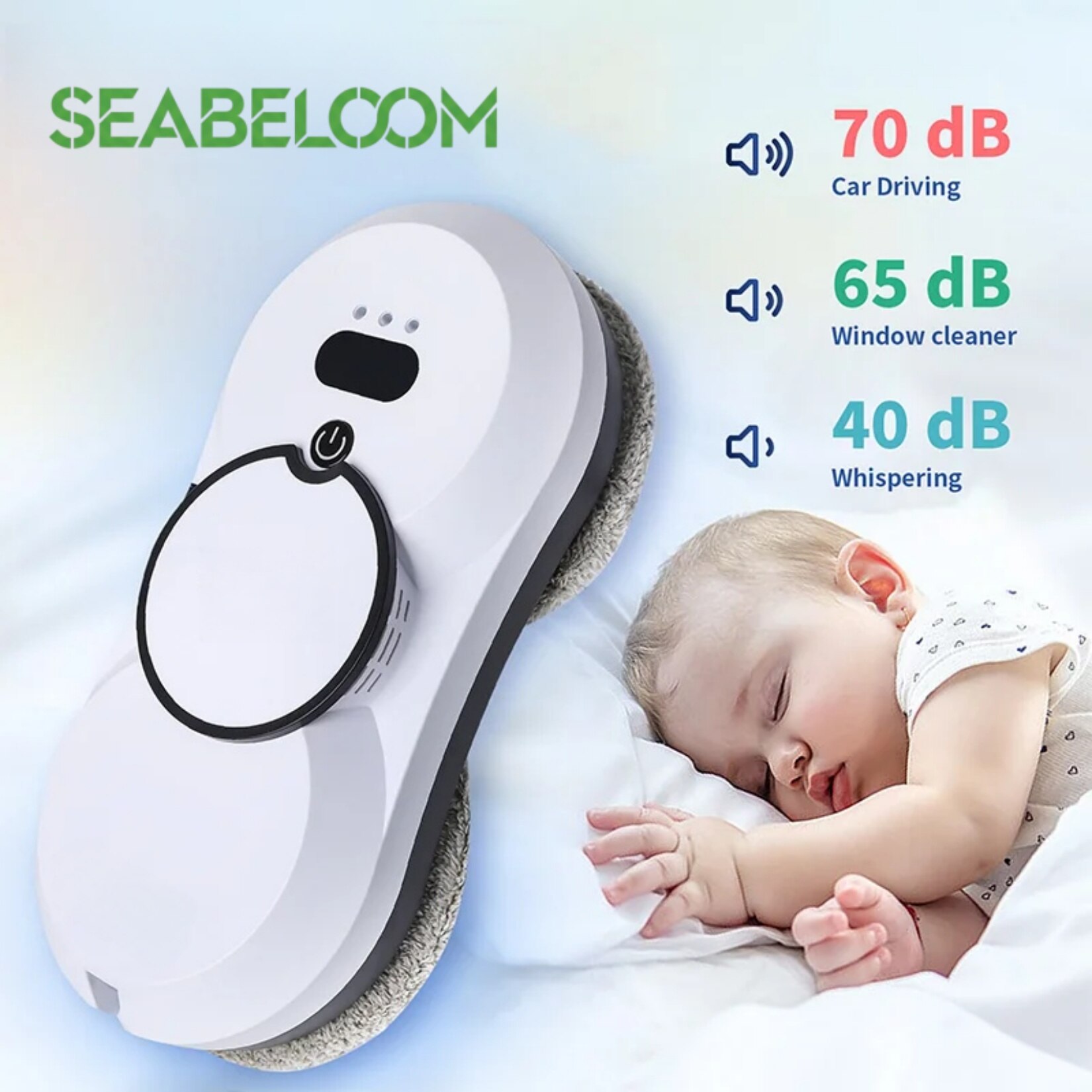 Robot curatare geamuri, Seabeloom®, Telecomanda, sistem UPS, Aspirare Puternica 5600Pa, Curatare automata a ferestrelor, Set cu 10 lavete Microfibra, alb