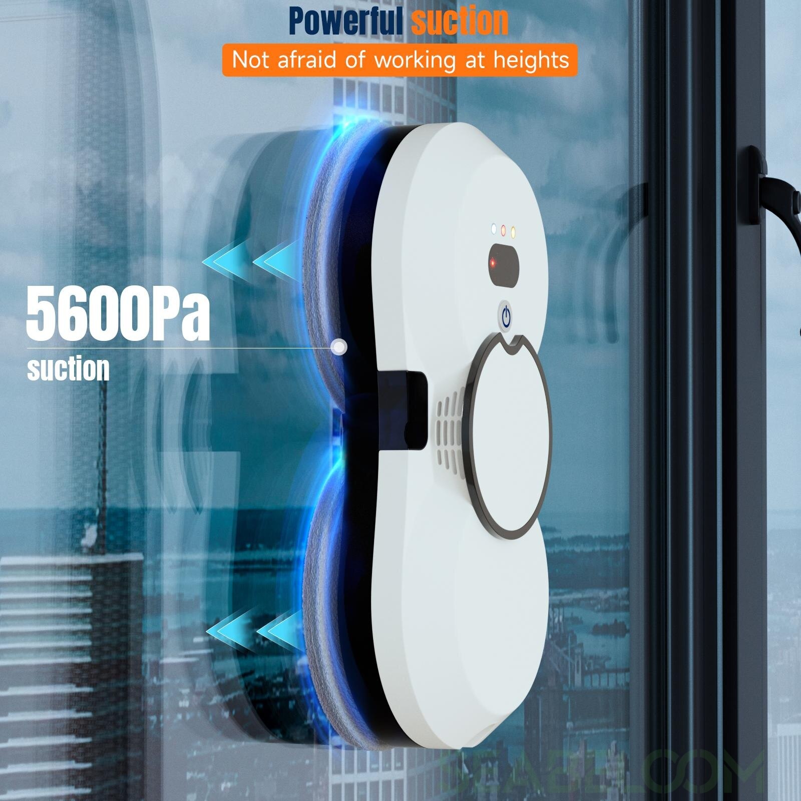 Robot curatare geamuri, Seabeloom®, Telecomanda, sistem UPS, Aspirare Puternica 5600Pa, Curatare automata a ferestrelor, Set cu 10 lavete Microfibra, alb