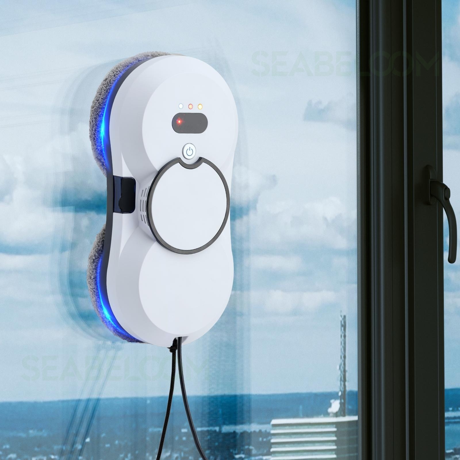 Robot curatare geamuri, Seabeloom®, Telecomanda, sistem UPS, Aspirare Puternica 5600Pa, Curatare automata a ferestrelor, Set cu 10 lavete Microfibra, alb