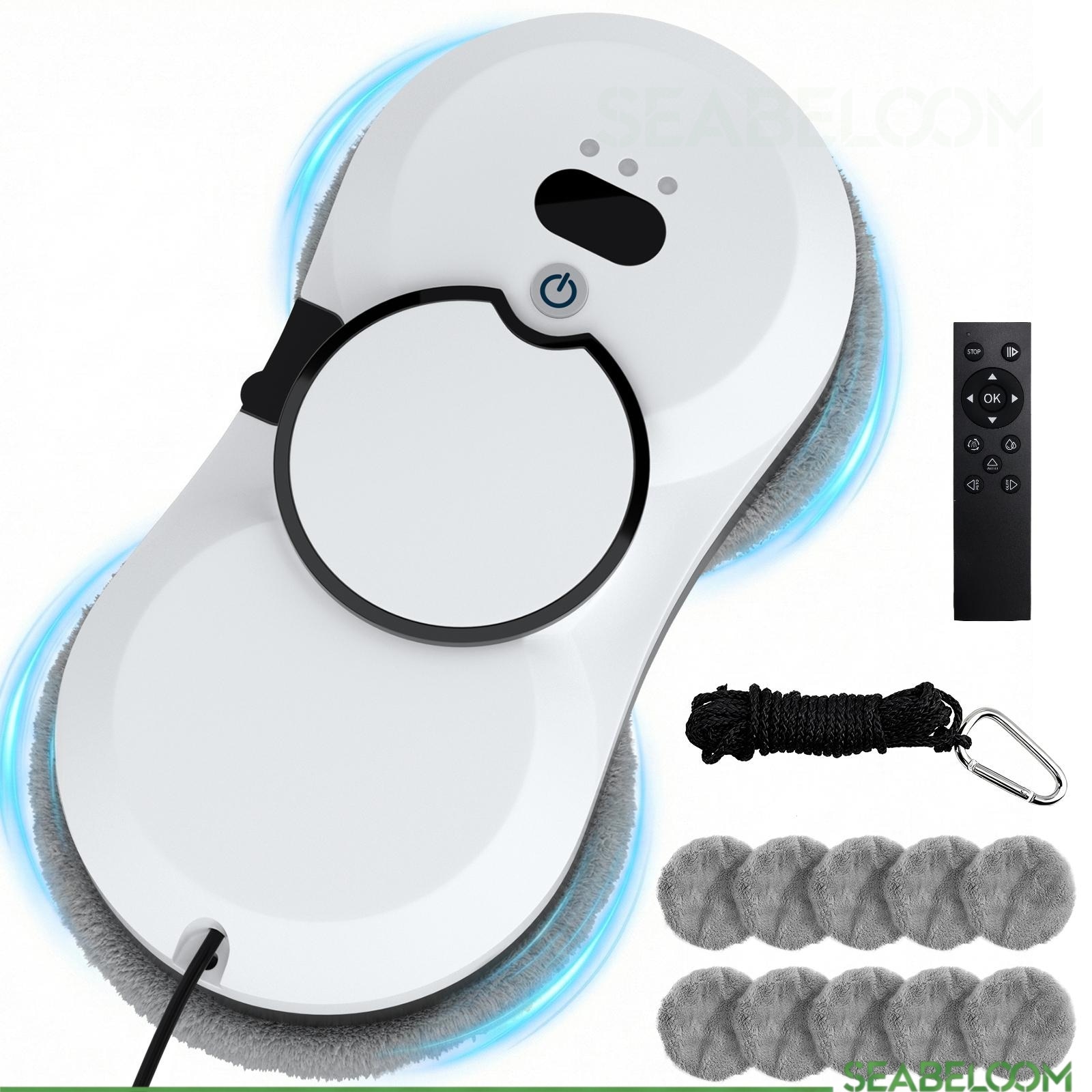 Robot curatare geamuri, Seabeloom®, Telecomanda, sistem UPS, Aspirare Puternica 5600Pa, Curatare automata a ferestrelor, Set cu 10 lavete Microfibra, alb