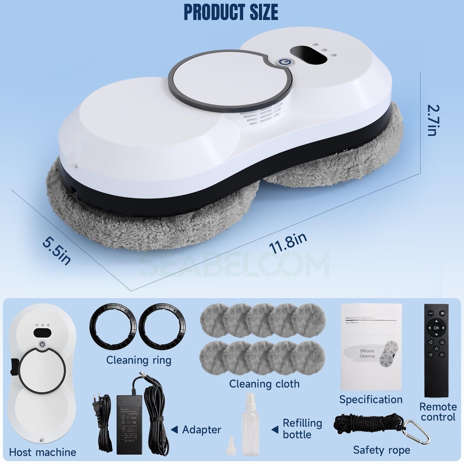 Robot curatare geamuri, Seabeloom®, Telecomanda, sistem UPS, Aspirare Puternica 5600Pa, Curatare automata a ferestrelor, Set cu 10 lavete Microfibra, alb
