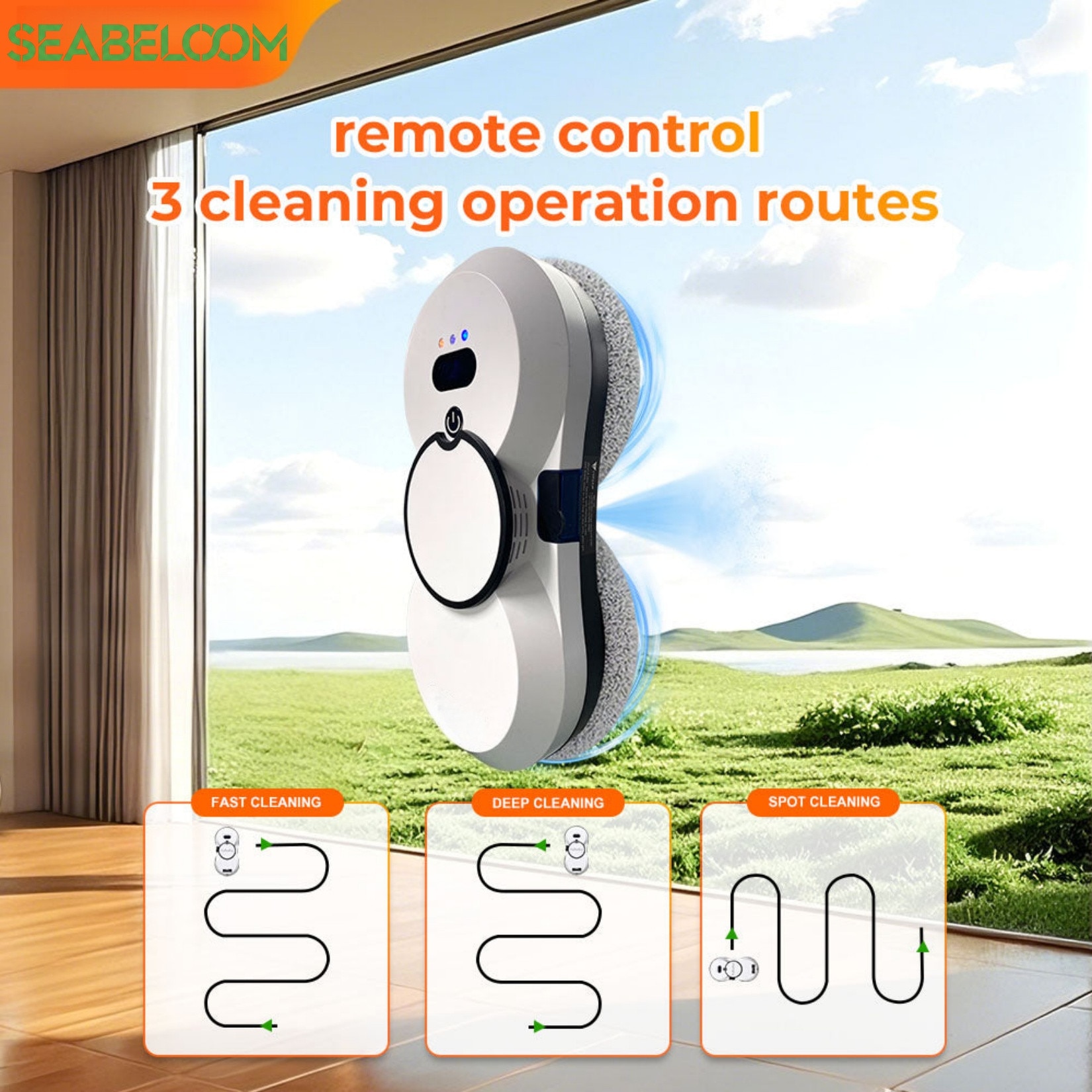 Robot curatare geamuri, Seabeloom®, Telecomanda, sistem UPS, Aspirare Puternica 5600Pa, Curatare automata a ferestrelor, Set cu 10 lavete Microfibra, alb