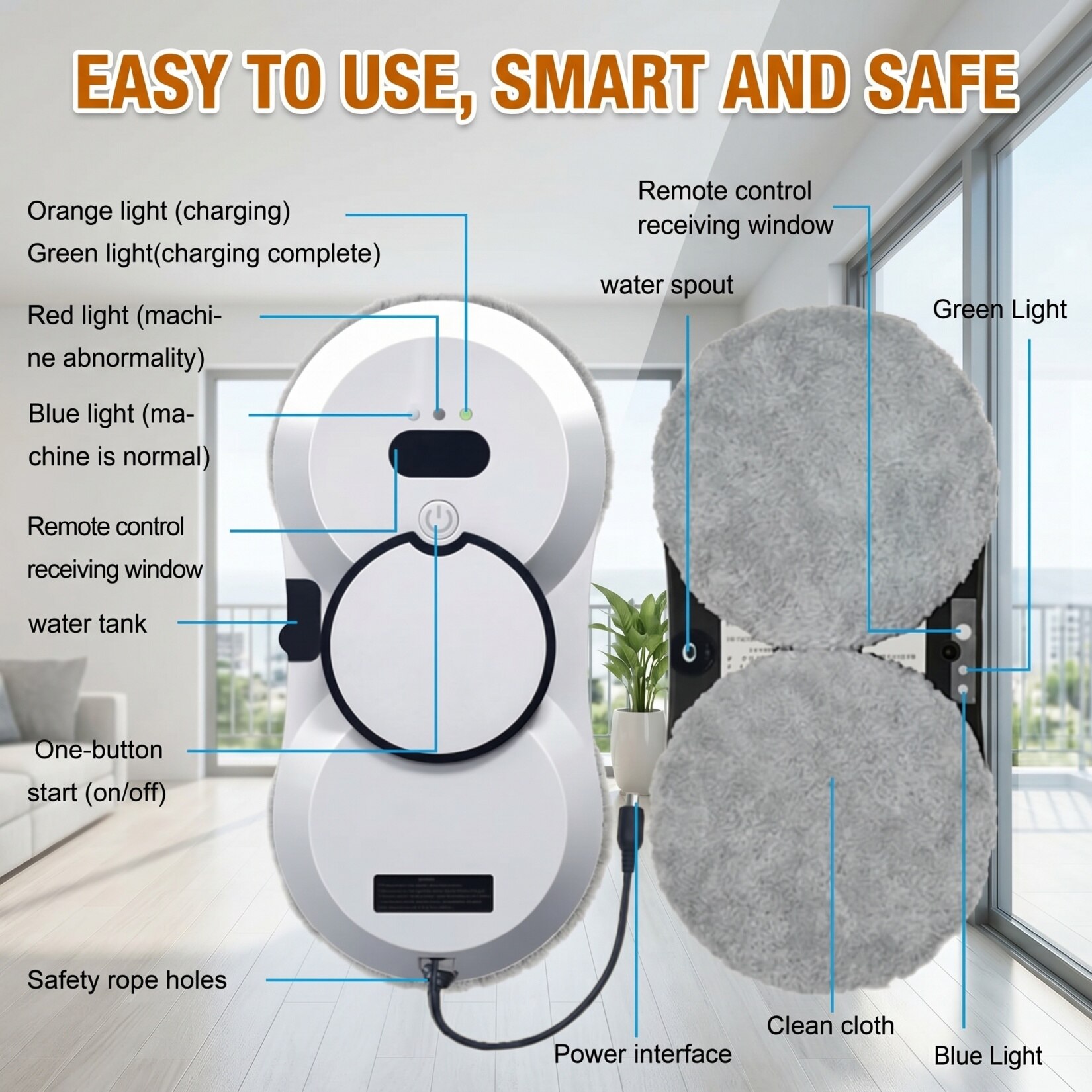 Robot curatare geamuri, Seabeloom®, Telecomanda, sistem UPS, Aspirare Puternica 5600Pa, Curatare automata a ferestrelor, Set cu 10 lavete Microfibra, alb