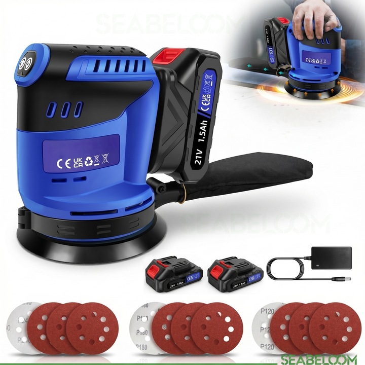 Orbitális csiszoló, Seabeloom®, Változtatható sebesség, Porgyűjtő, 2 akkumulátor, 450 W, 21V, 14000 RPM, Tépőzár, 12 db csiszolókorong készlettel, fához, fémhez, műanyaghoz, puha kerámiához, Kék/Fekete