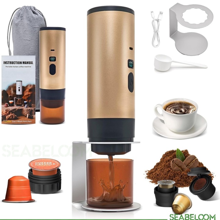 Espressor portabil reincarcabil, Seabeloom®, aparat de cafea cu incalzire rapida, 15 bari, baterie 7800 mAh, incarcare USB-C, display digital, compatibil cu capsule Nespresso/Dolce Gusto/cafea macinata, portabil pentru masina, birou, camping, Champagne