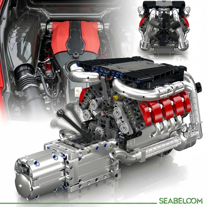 Комплект за конструиране на V8 двигател, Seabeloom, електрически конструктор с мотор, 4 скорости, 1169 части, включително мотор и батерия, образователен STEM модел Technic, съвместим с lego, 1.2кг, за деца над 14 години, черен