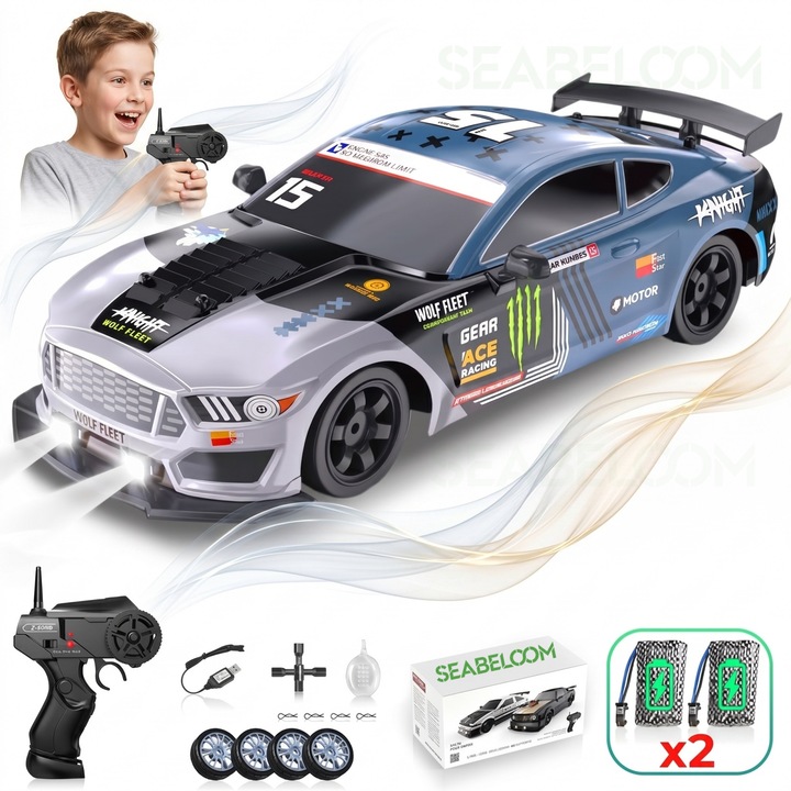 Távirányítós drift autó, Seabeloom®, 2.4GHz, 20km/h, 4x4, LED lámpák, cserélhető gumik (Speed & Drift), 2 újratölthető akkumulátor mellékelve, játék gyerekeknek 7 év+ és felnőtteknek, 1:16, Farok spray