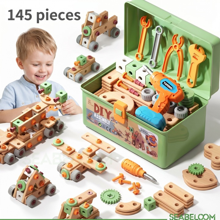 Set de Constructie STEM Seabeloom® 145 Piese, Jucarie Educativa 2D/3D DIY pentru Copii 3+ Ani, cu Bormasina Electrica Bidirectionala, Trusa Unelte si Valiza Portabila pentru Depozitare, Joc Interactiv Montessori, Verde