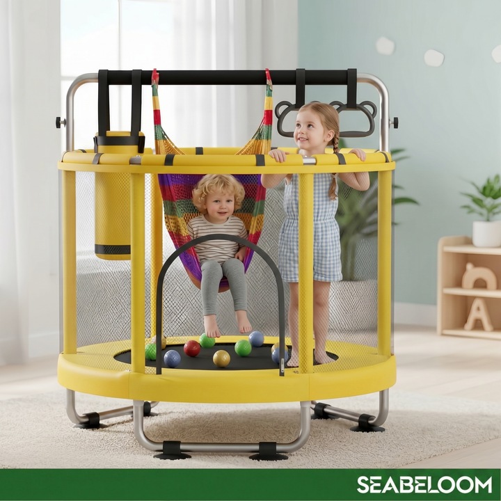 Trambulina pentru copii Seabeloom®, 140 cm, rotunda, cu plasa de siguranta, cos de leagan, accesorii incluse, suporta 200 kg, pentru interior si exterior, galben, +3 ani