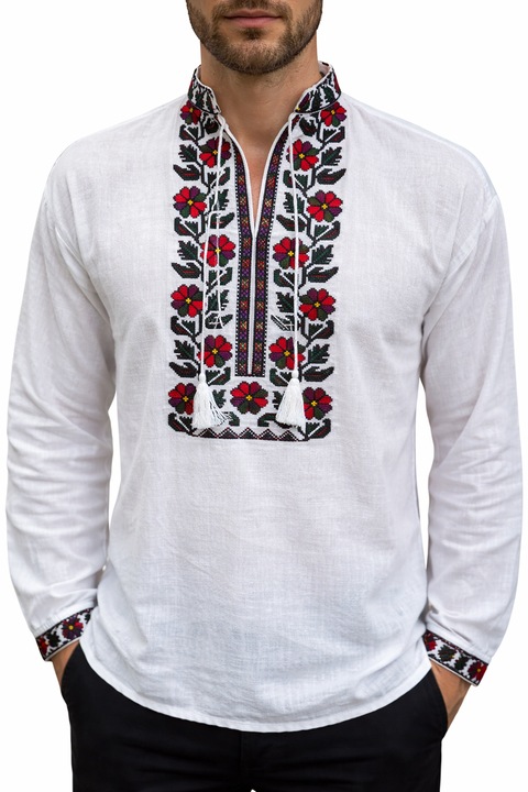 Ie traditionala romaneasca barbati multicolor, Rosu/Alb/Mov