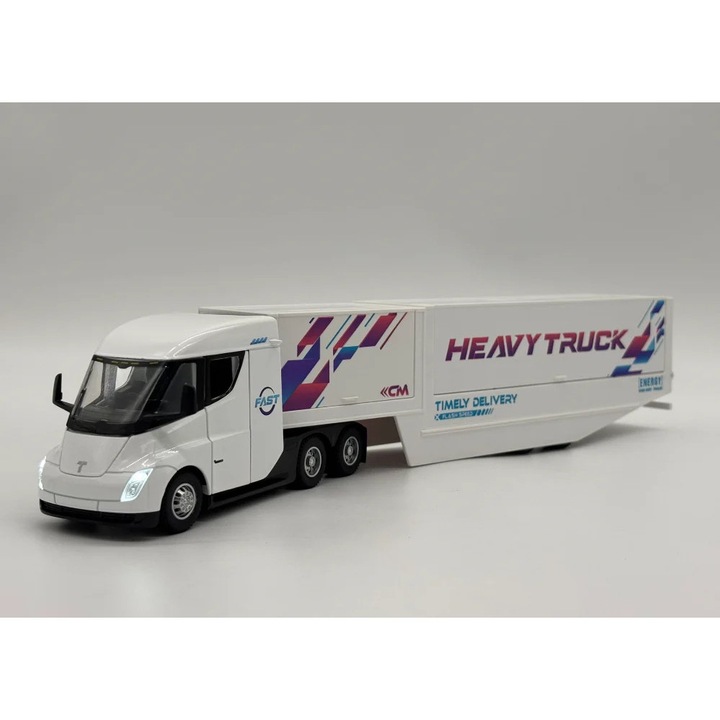 Fém Kamion Tesla Semi Truck, 35cm, Nyitható Ajtók és Konténer, Fények és Hangok