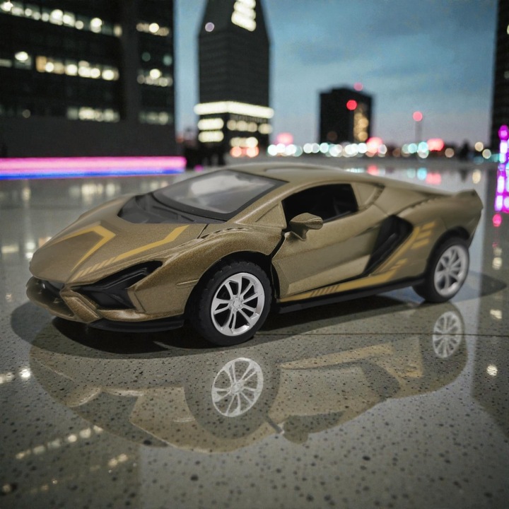 Lamborghini Sian FKP 37 fém autómodell, 1:28 méretarány, interaktív részletek, bronz/arany