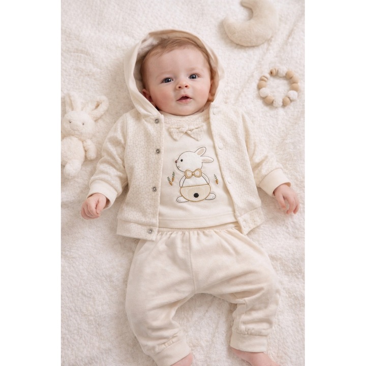 Set bebe baiat crem 3 piese hanorac bluza si pantaloni iepuras