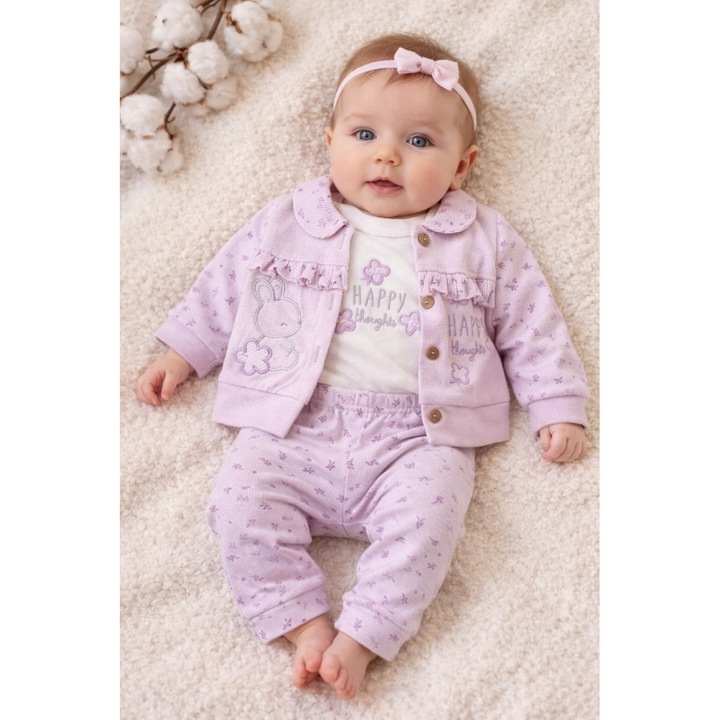 Set bebe fetite lila 3 piese body bluza si pantaloni iepuras