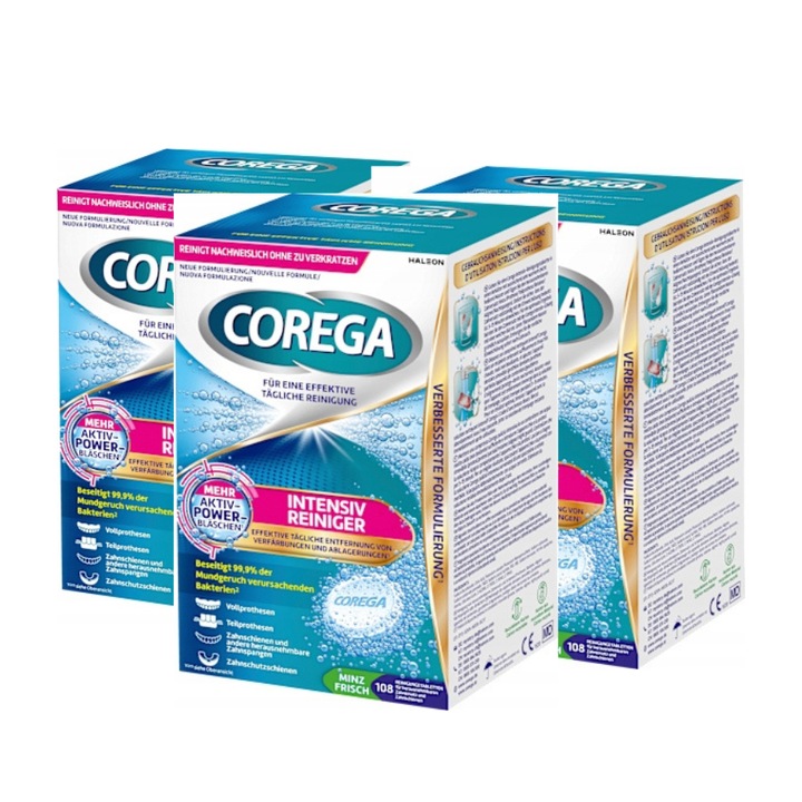 Set 3 Corega Tablete Efervescente Pentru Curatarea, 3x108 Bucati, Si Igienizarea Protezei Dentare, Curatare Profunda, Elimina Bacteriile, Indeparteaza Petele, Mentine Prospetimea, Pentru Proteze Dentare Complete Si Partiale