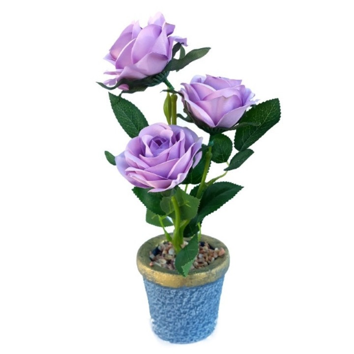 Kőből készült virágcserép, arany szegéllyel, három műanyag rózsával, 9x27 cm, lila