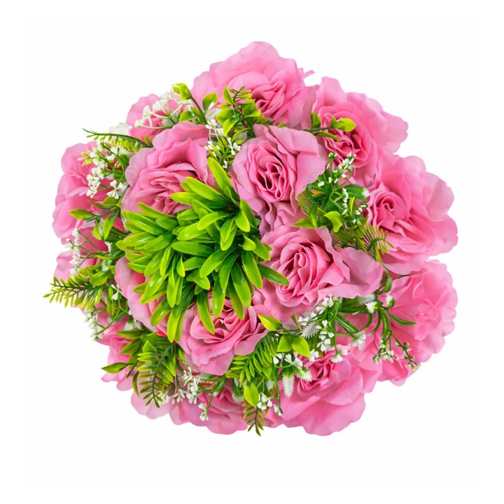 Coroana funerara artificiala 30 cm cu trandafiri, aranjament floral decorativ pentru mormant