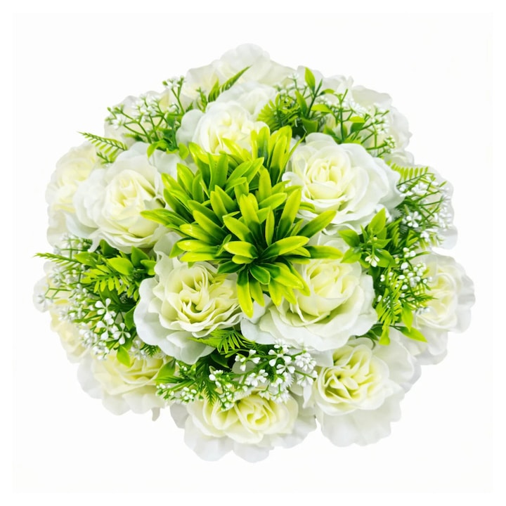 Coroana funerara artificiala 30 cm cu trandafiri, aranjament floral decorativ pentru mormant