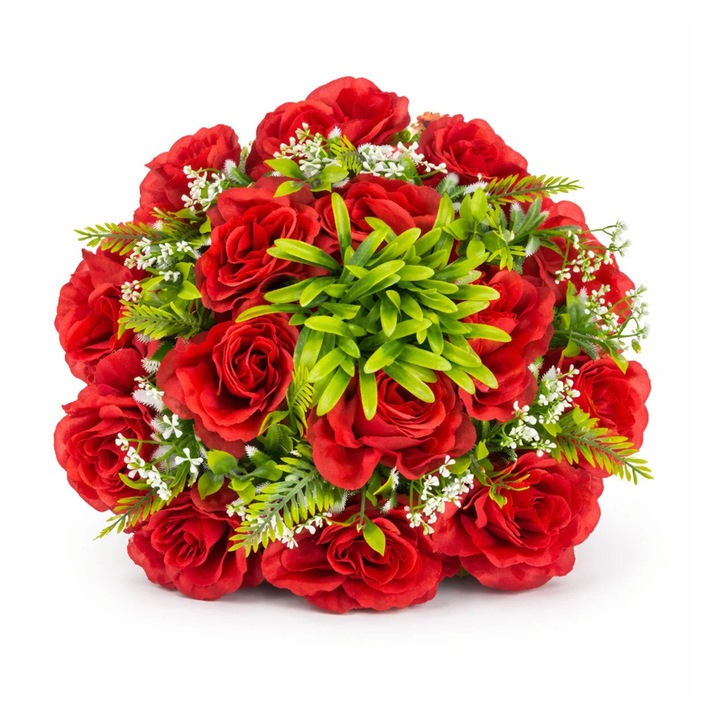 Coroana funerara artificiala 30 cm cu trandafiri, aranjament floral decorativ pentru mormant