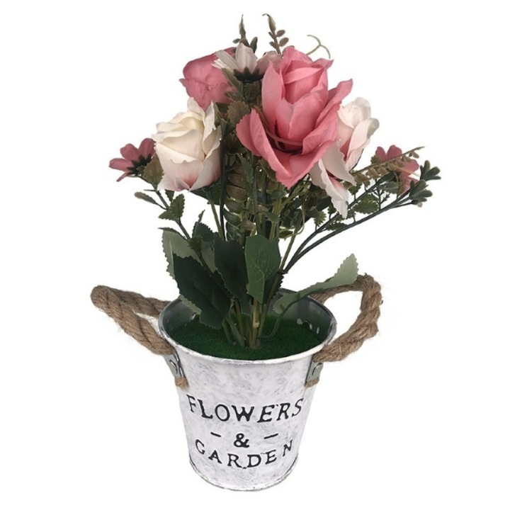 Ghiveci din metal, in forma de galetusa cu manere din sfoara, cu bujori din plastic, 15x27 cm