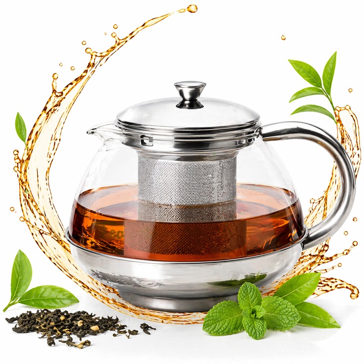 Ceainic cu infuzor pentru ceai si ierburi Kamille KM-4316, 800 ml, Ibric modern pentru ceai si ierburi cu infuzor, Sticla termorezistenta, Infuzor Inox, Capac Metalic