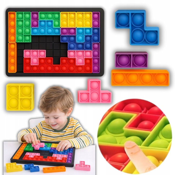 Set Joc logic Tetris Pop It Moobilly, 27 piese multicolore, din silicon, 24, 5x16, 2cm, pentru copii 3+