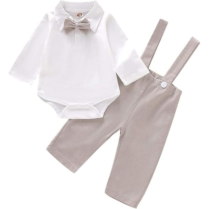 Costum baieti, 3 piese, salopeta, pantaloni si papion, 90 cm, culoare alb si bej