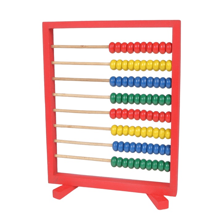 Numaratoare din lemn, 8 randuri de bile colorate, cadru rosu, dimensiuni 23x17cm