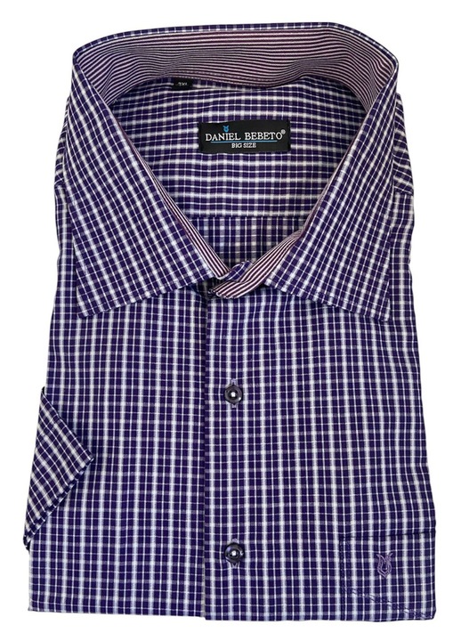 Férfi ing, lila-fehér kockás, rövid ujjú, pamut-poliészter, 48-as nagy méret