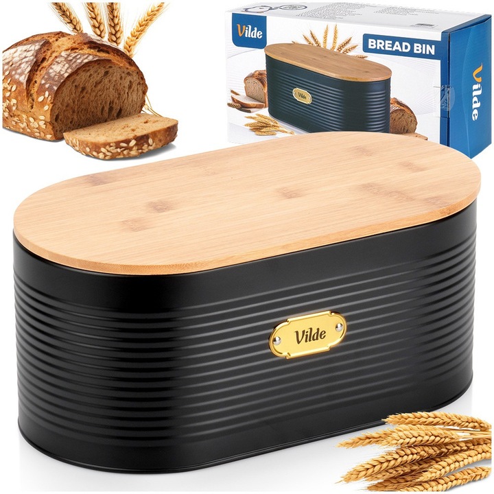 Cutie pentru pâine Vilde, ovală, metal și lemn, negru mat, 34x18.5x15 cm, cu tocător incorporat
