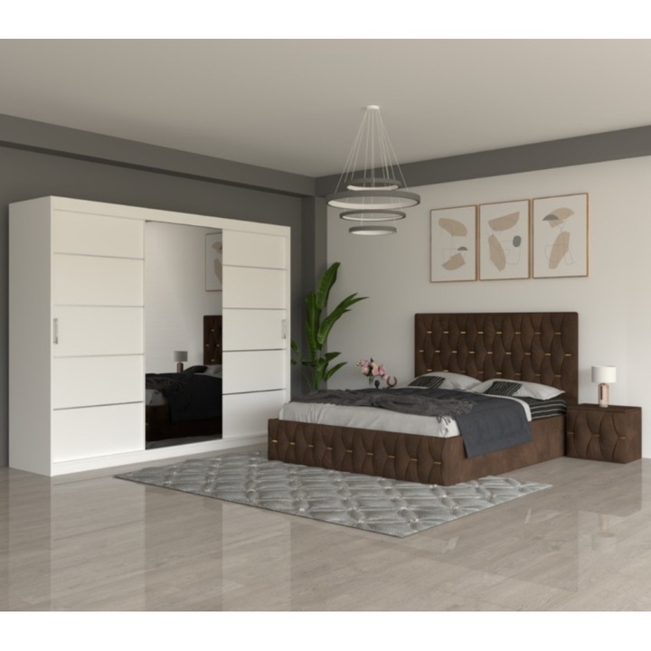 Set dormitor CELA Eric, pat 180x200, noptiere tapitate, dulap alb 250cm, maro