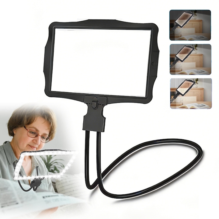Лупа с LED осветление, 5X увеличение, с гъвкаво гърло, Hands-free, преносима, ергономична, регулируемо осветление, 1000mAh, черна - за четене, шиене и слабо зрение, за възрастни хора и детайлна работа