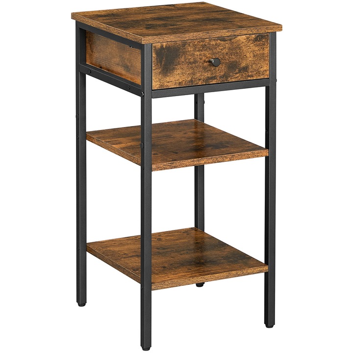 Noptiere LEOBERT, rustikal brun, 35x35x70cm, cu 1 sertar si 2 polite deschise