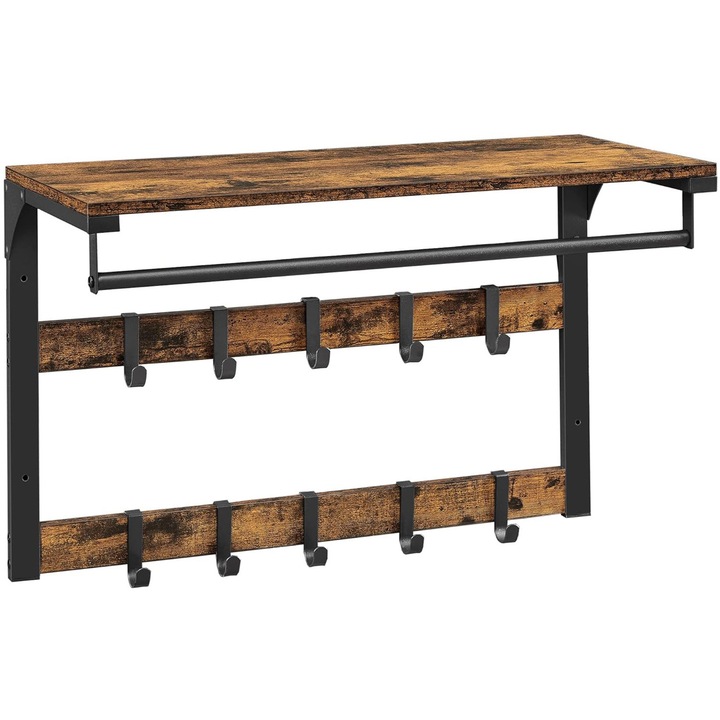 Papírpolc, LEOBERT, rusztikus, 80x30x42cm, 10 kampó, ruhatartó