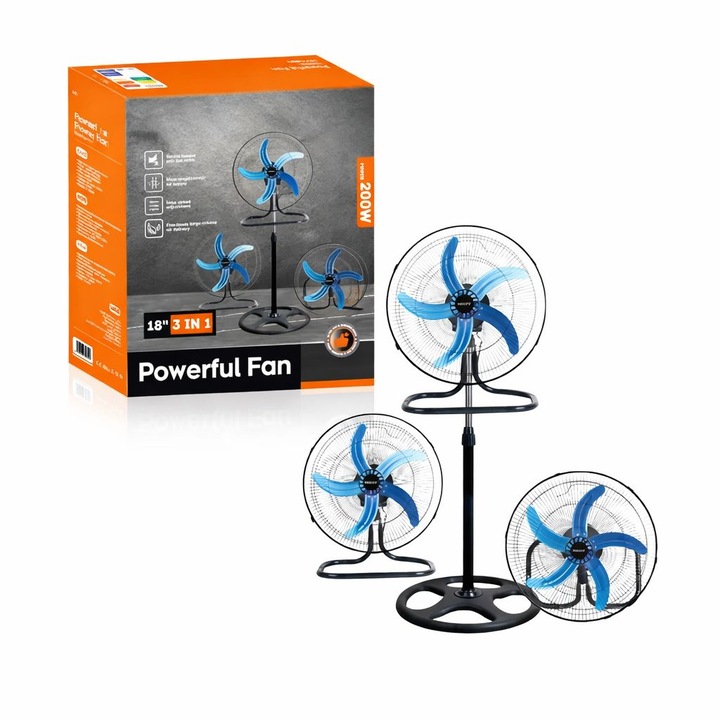 Ventilator 3 in 1, 18 inch, 200W, 3 viteze, reglabil pe inaltime, functie oscilanta, utilizare podea / masa / suport