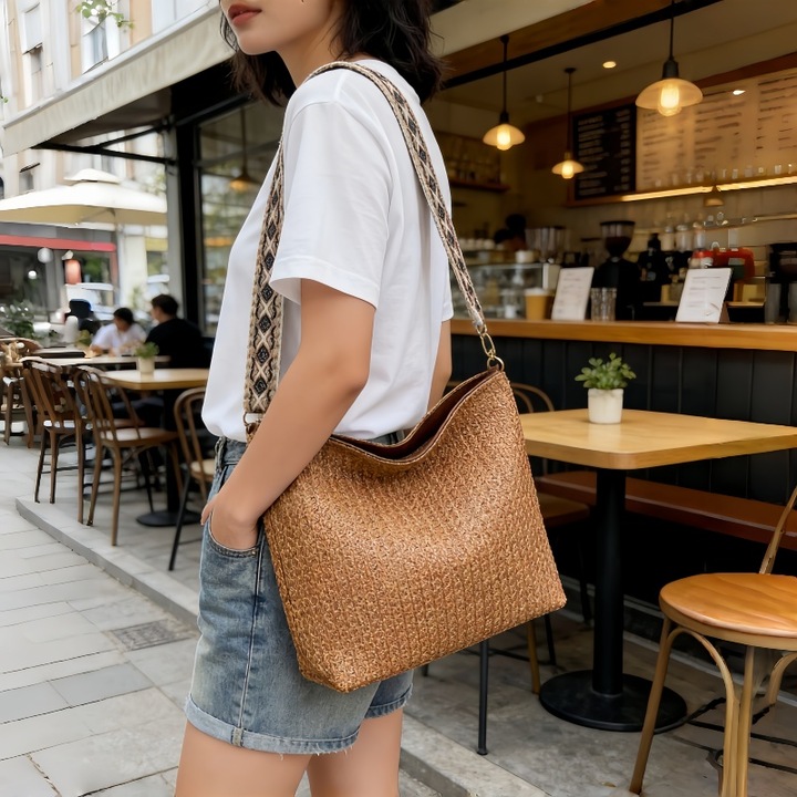 LUXWTB A111 multifunkcionális táska, retro, barna, raffia, vállon és keresztben hordható