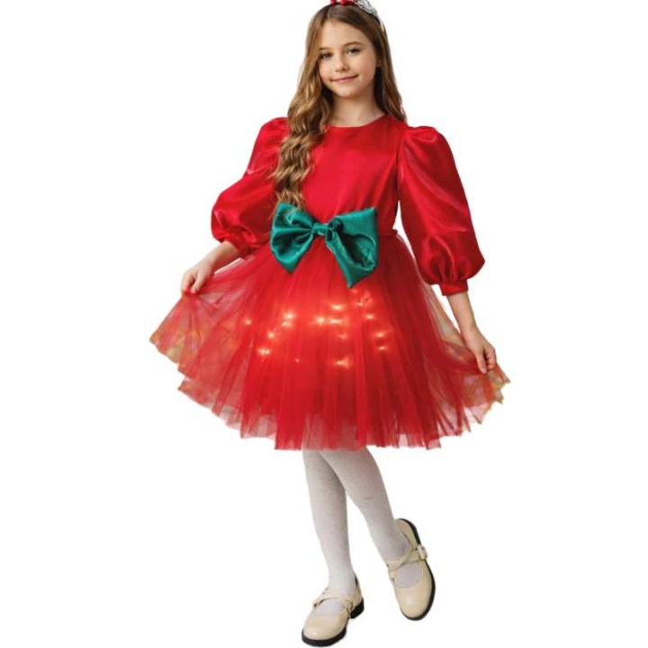 Rochita cu Luminite rosie cu fundita Verde, de Primavara