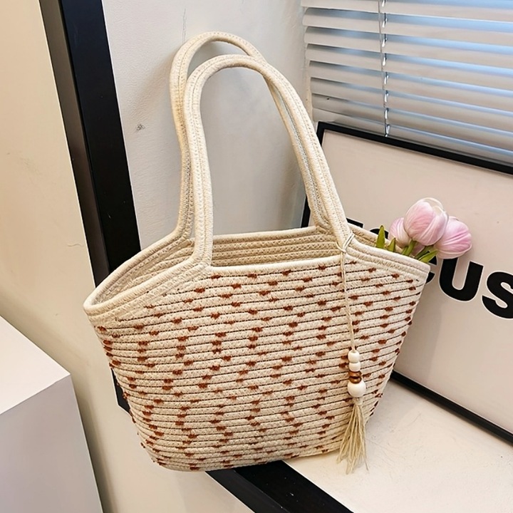 Geanta multifunctionala pentru femei LUXWTB, bej, material textil din bumbac si in, tesatura, fara fermoar sau magnet, cu ciucuri, ideala pentru purtarea zilnica primavara si vara