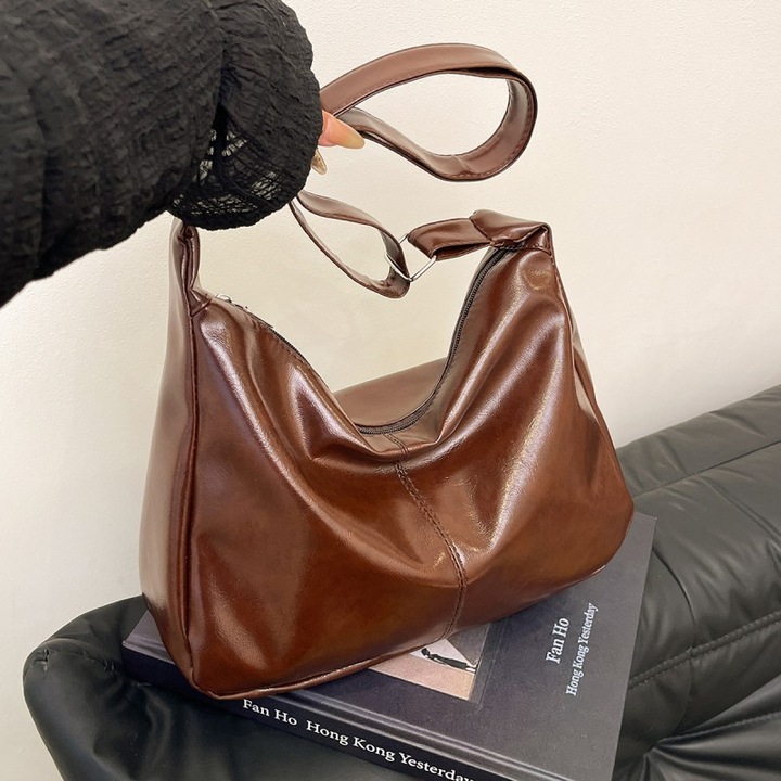 LUXWTB Női többfunkciós tote táska, barna, egyszínű, fényes PU anyag, cipzárral, modern stílus, ideális mindennapi ingázáshoz