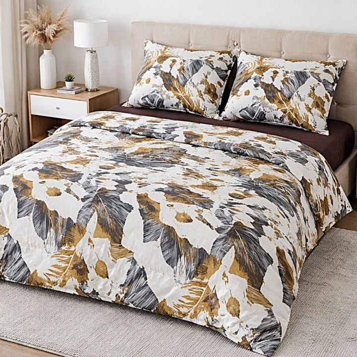 Ágynemű garnitúra, kétszemélyes, 100% szatén pamut, 240x260 cm, 4 részes, Különleges Ágyneműk, Levelek