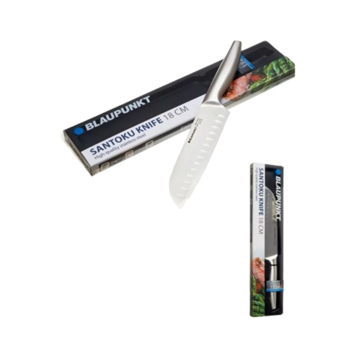 Cutit santoku profesional, Blaupunkt, Otel german, 18 cm, Argintiu