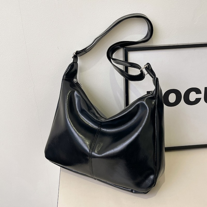 LUXWTB Női többfunkciós tote táska, fekete, egyszínű, fényes PU anyag, cipzárral, modern stílusú, ideális mindennapi ingázáshoz