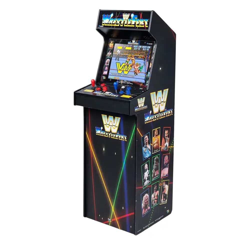 Consola verticala 5 jocuri WWE Wrestlefest Ultra™, ARCADE1UP, Deluxe edition, H 154 cm, destinata single player/2 players, display color 17”, panou superior iluminare Marquee, gameplay original, mod Free Play fara fise, alimentare la retea, negru