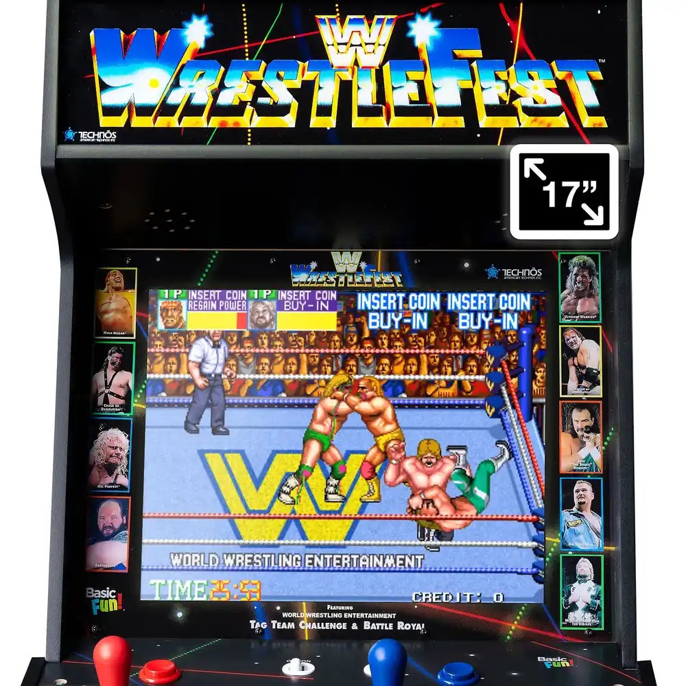 Consola verticala 5 jocuri WWE Wrestlefest Ultra™, ARCADE1UP, Deluxe edition, H 154 cm, destinata single player/2 players, display color 17”, panou superior iluminare Marquee, gameplay original, mod Free Play fara fise, alimentare la retea, negru