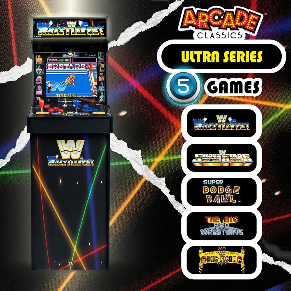 Consola verticala 5 jocuri WWE Wrestlefest Ultra™, ARCADE1UP, Deluxe edition, H 154 cm, destinata single player/2 players, display color 17”, panou superior iluminare Marquee, gameplay original, mod Free Play fara fise, alimentare la retea, negru