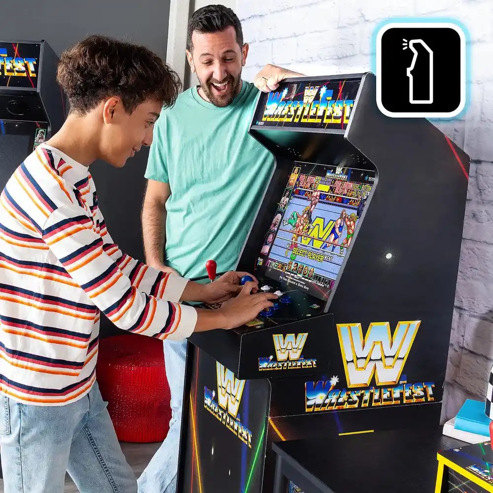 Consola verticala 5 jocuri WWE Wrestlefest Ultra™, ARCADE1UP, Deluxe edition, H 154 cm, destinata single player/2 players, display color 17”, panou superior iluminare Marquee, gameplay original, mod Free Play fara fise, alimentare la retea, negru