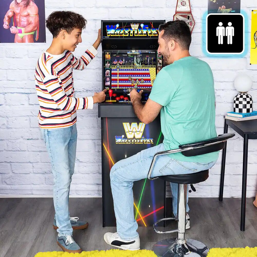 Consola verticala 5 jocuri WWE Wrestlefest Ultra™, ARCADE1UP, Deluxe edition, H 154 cm, destinata single player/2 players, display color 17”, panou superior iluminare Marquee, gameplay original, mod Free Play fara fise, alimentare la retea, negru